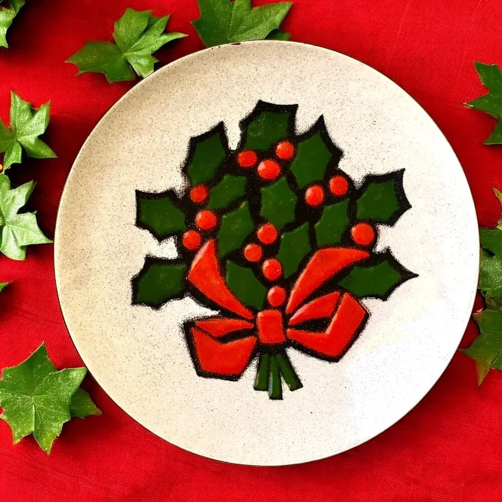 Annemarie Davidson Copper Floral Enamel Plate Christmas Holly Bow Sticker